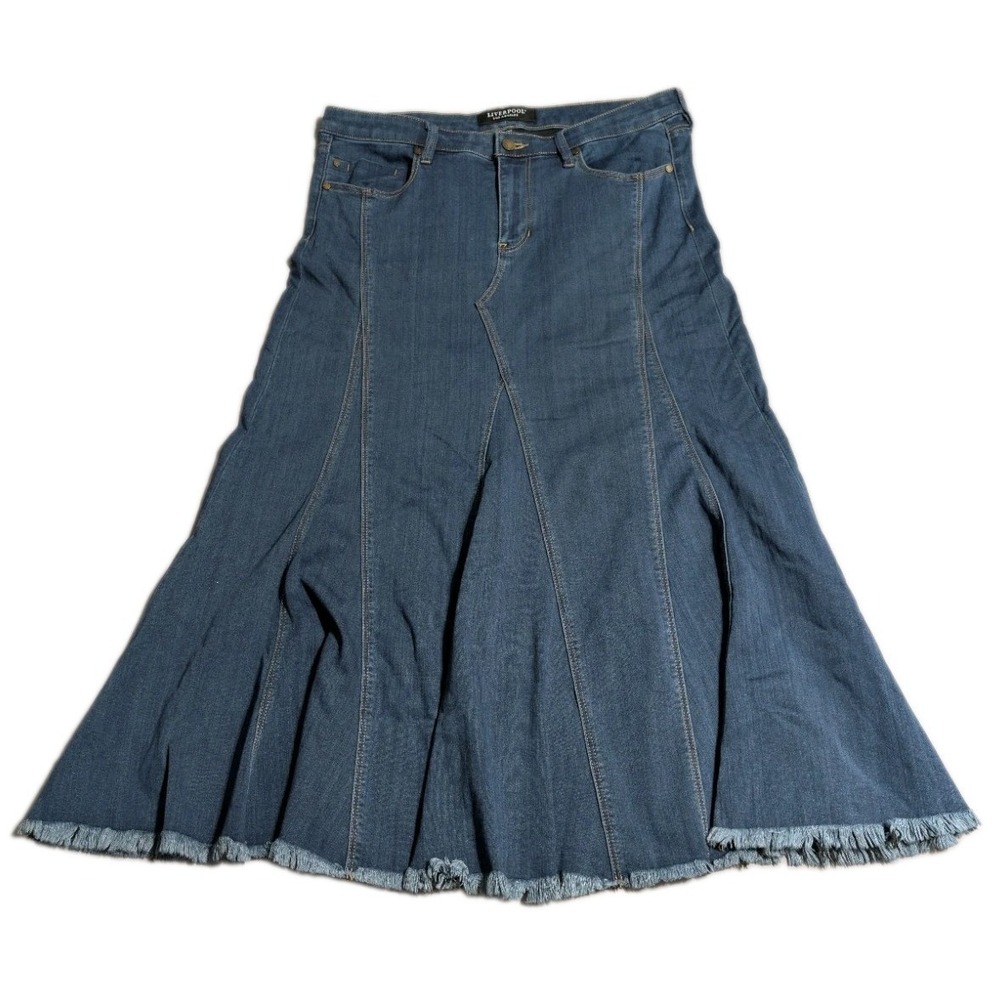 Liverpool Los Angeles Womens 14 Maxi Denim Skirt Blue Stretch Raw Hem Panel